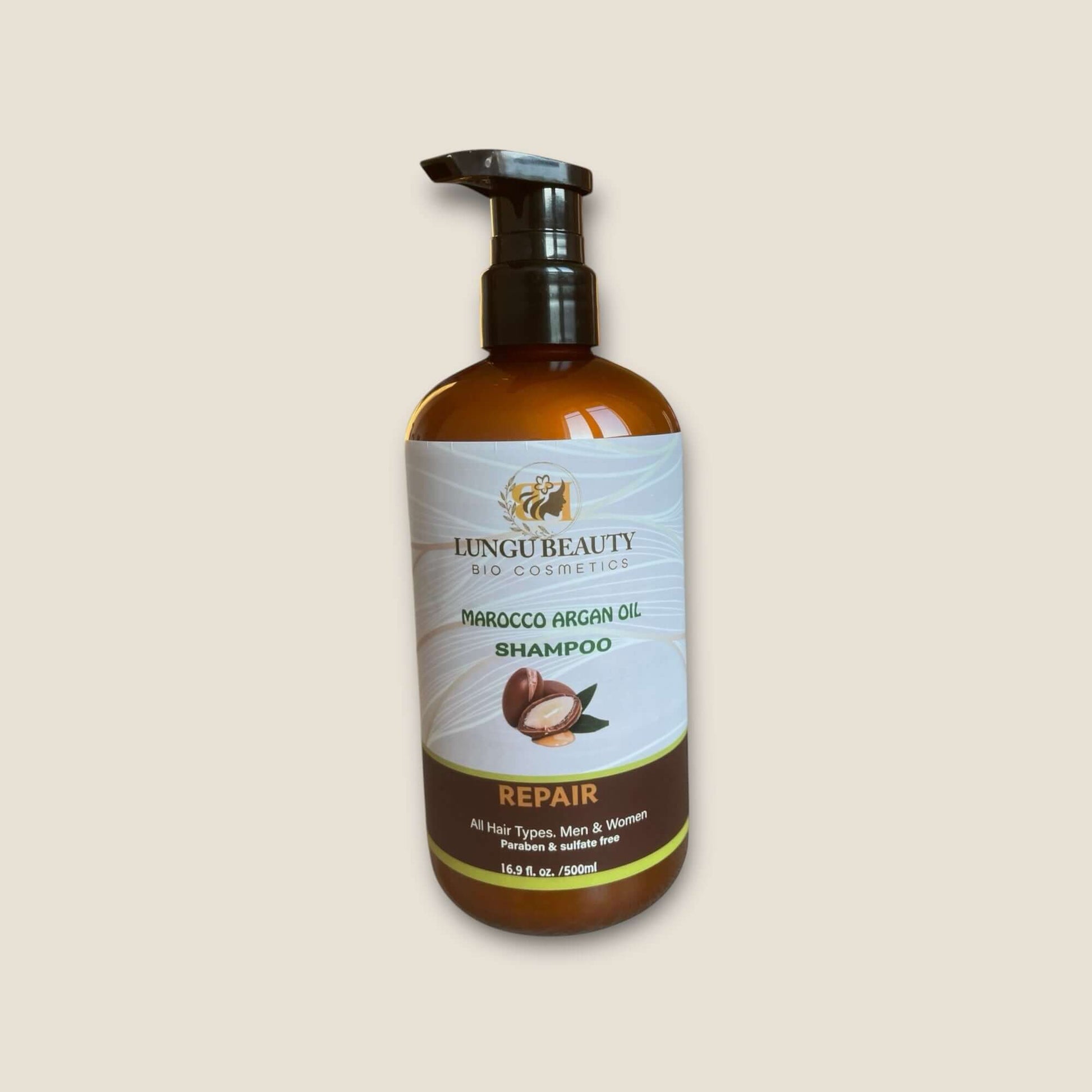 Lungu Beauty Morocco Argan Oil Shampoo for all hair types, nourishing repair treatment in a 16.9 oz bottle.