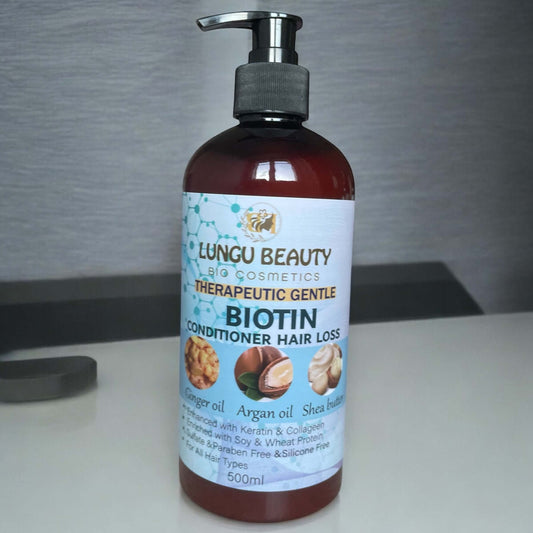 Lungu Beauty Therapeutic Gentle Biotin Conditioner for Hair Loss, 500ml bottle with natural ingredients.
