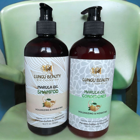 Lungu Beauty Marula Oil Shampoo and Conditioner set for volumizing and hydrating hair care.