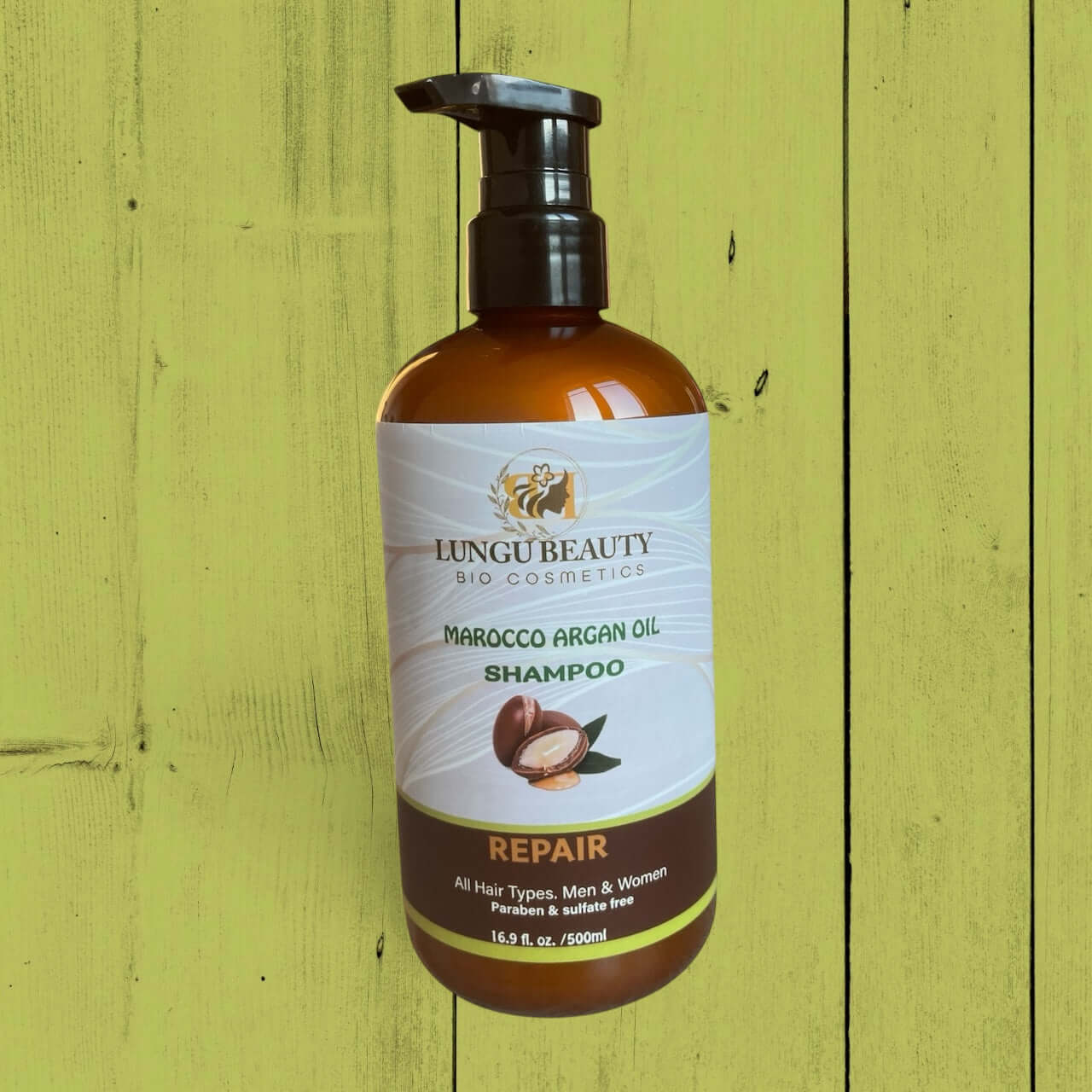 Lungu Beauty Morocco Argan Oil Shampoo in amber bottle for hair repair, suitable for all hair types, 16.9 fl oz.