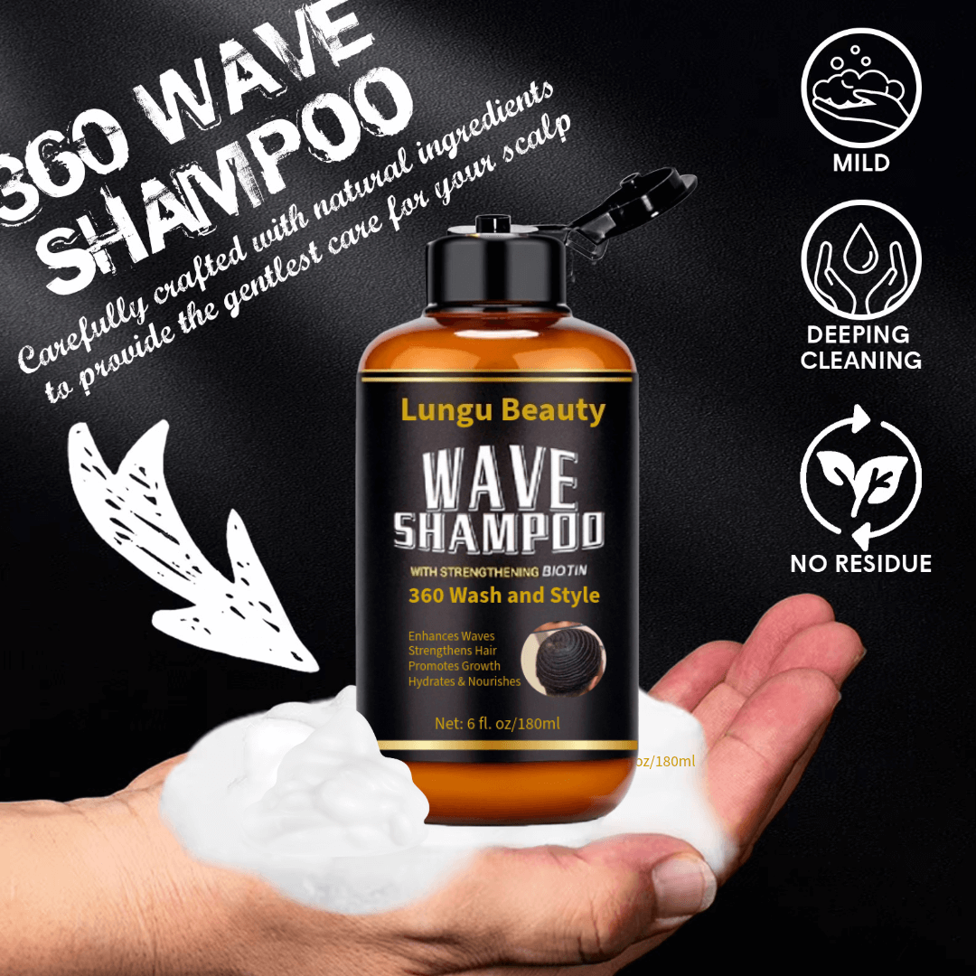 Wave Shampoo - Strengthening Biotin 360 Wash & Style product bottle with foamy texture in hand, promoting hair nourishment.