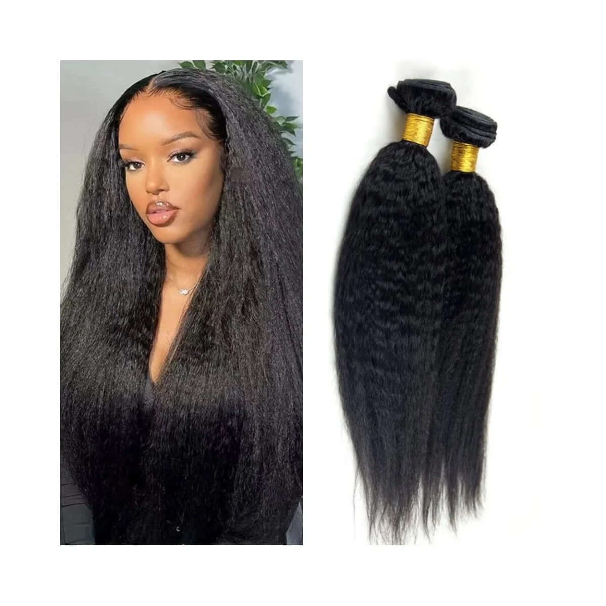 Model showcasing long black hair alongside bundles of straight and wavy black hair extensions.