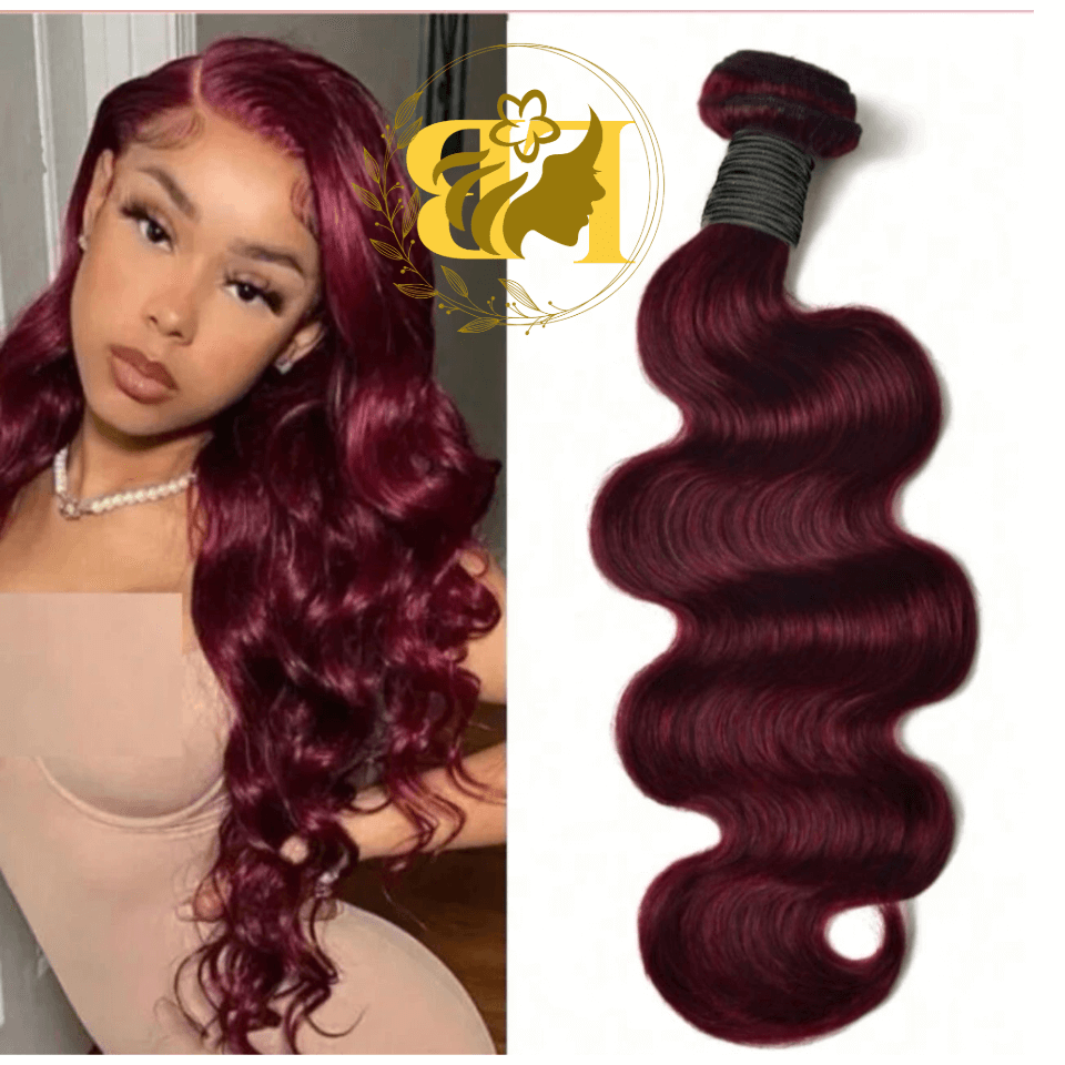 Virgin Vietnamese hair extensions in burgundy color, showcasing silky waves and a beautiful natural look.