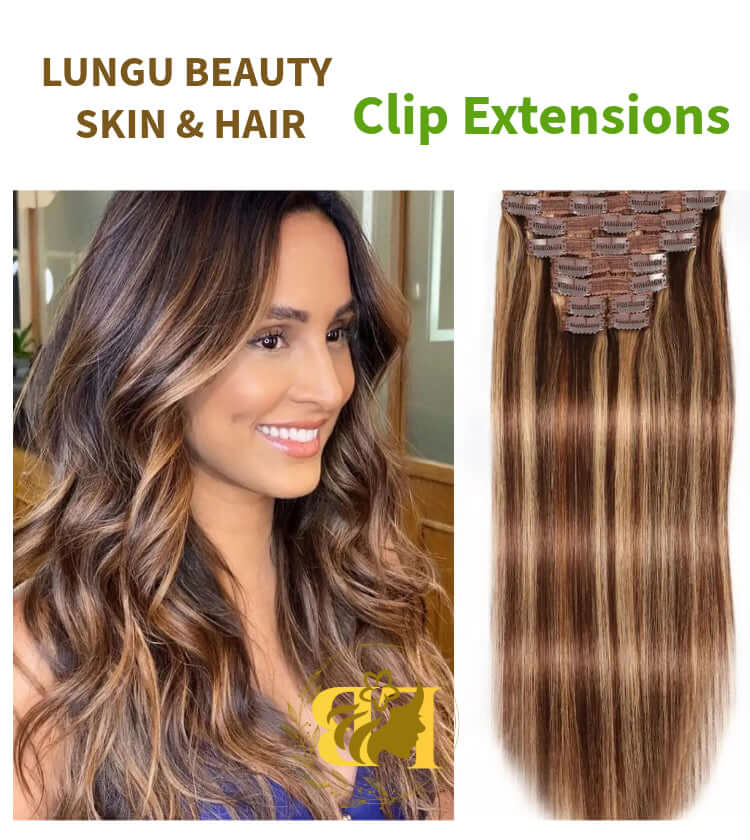 Clip-In & Ponytail Hair Extensions displayed on a model showcasing length and volume.