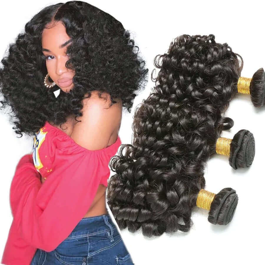 Natural Curly Hair – Machine-Wefted Bundles (10”–32”) in All Colors showcasing bouncy curls and stylish installation.