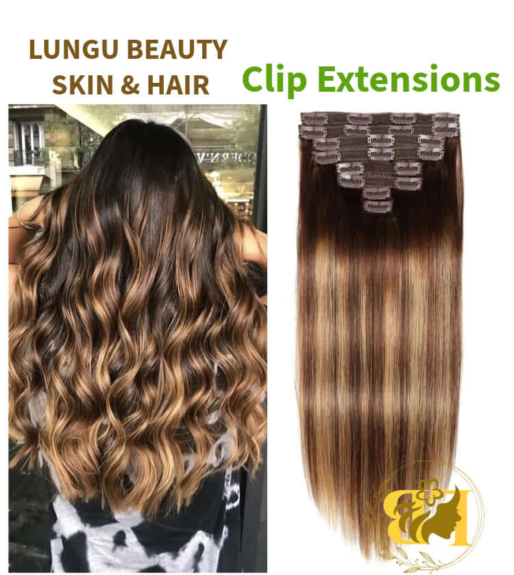 Clip-In & Ponytail Hair Extensions from Lungu Beauty featuring wavy and straight sections.