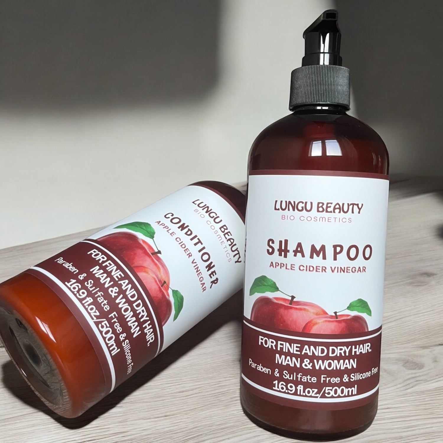Apple Cider Vinegar Shampoo and Conditioner by Lungu Beauty for fine and dry hair, paraben and sulfate-free.