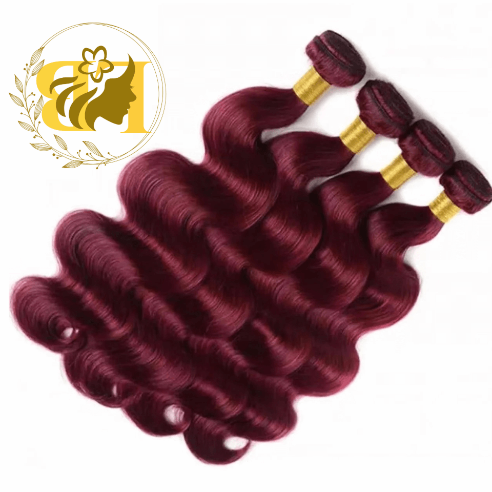 Three bundles of virgin Vietnamese hair extensions in a rich burgundy color, showcasing luxurious waves and shine.