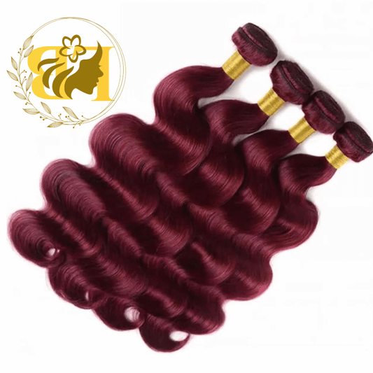 Three bundles of virgin Vietnamese hair extensions in a rich burgundy color, showcasing luxurious waves and shine.