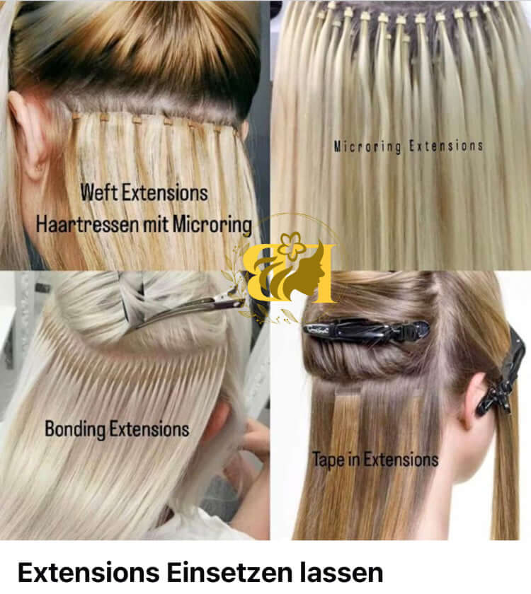 Micro loop hair extensions installation with various techniques including bonding and tape-in options.