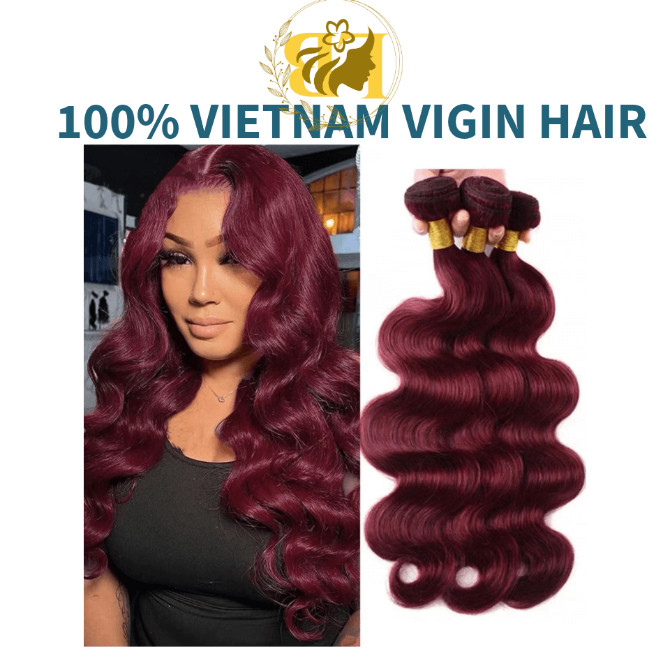 Virgin Vietnamese hair extensions in a stunning deep burgundy shade showcased with a model and loose curls.