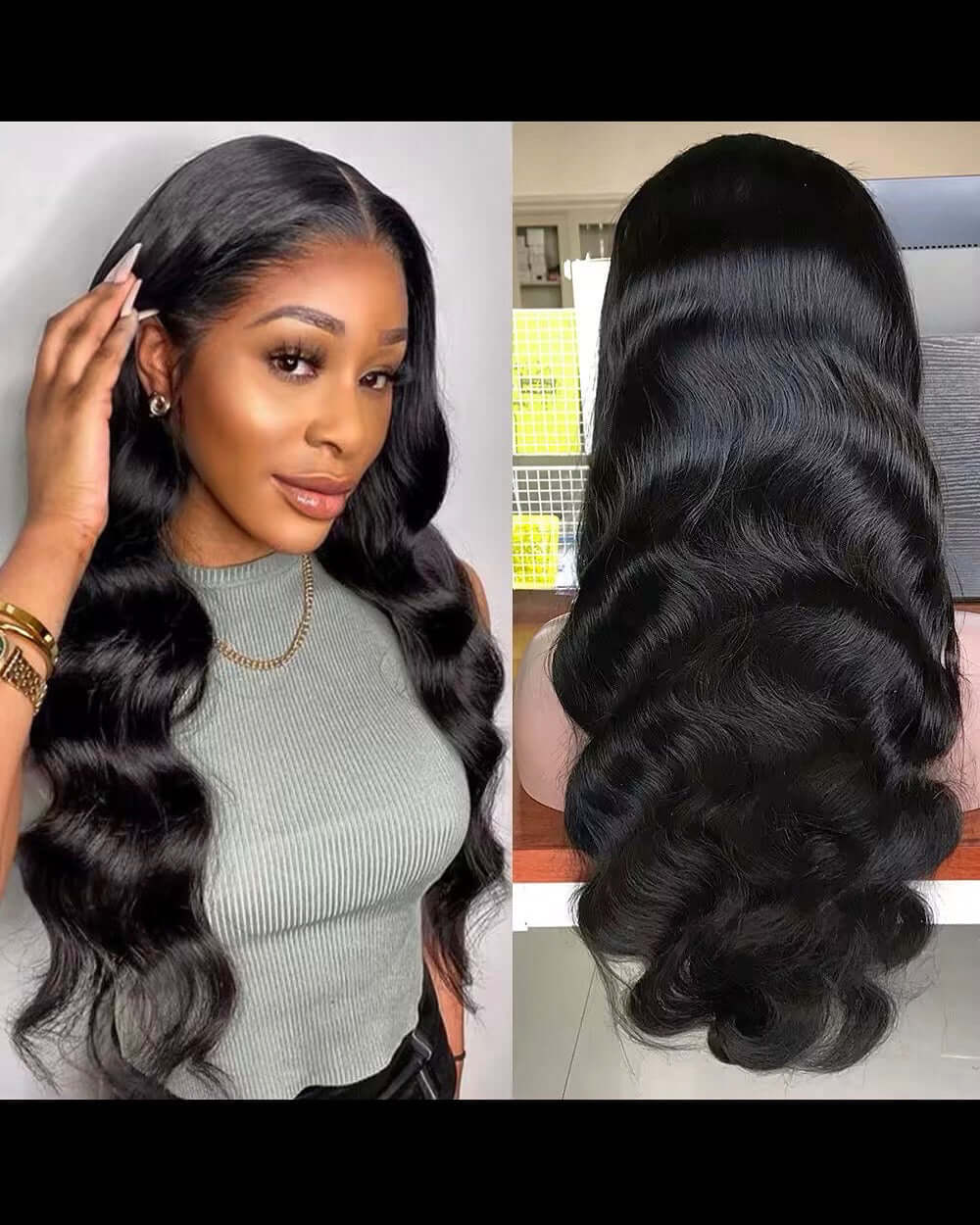 24 inch lace frontal wig displayed on model and mannequin showcasing luxurious waves and premium quality.