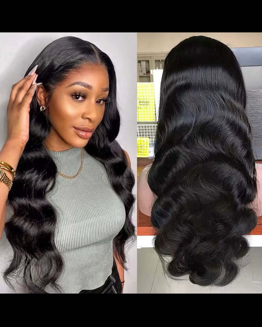 24 inch lace frontal wig displayed on model and mannequin showcasing luxurious waves and premium quality.