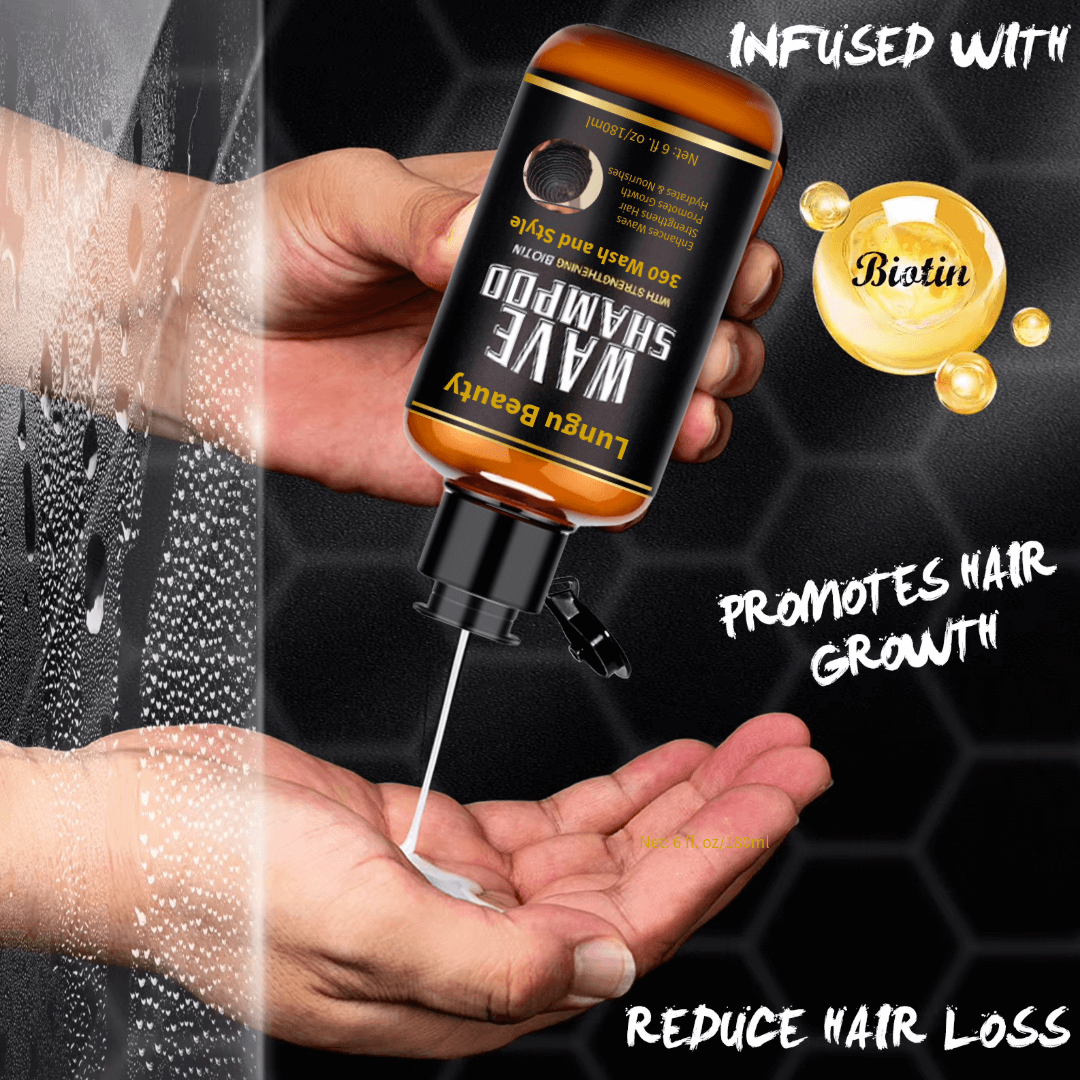 Wave Shampoo - Strengthening Biotin 360 Wash & Style bottle promoting hair growth and reducing hair loss.