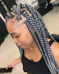 Our Services | Braids & Hair Extensions featuring stylish grey braided hairstyle on a woman.